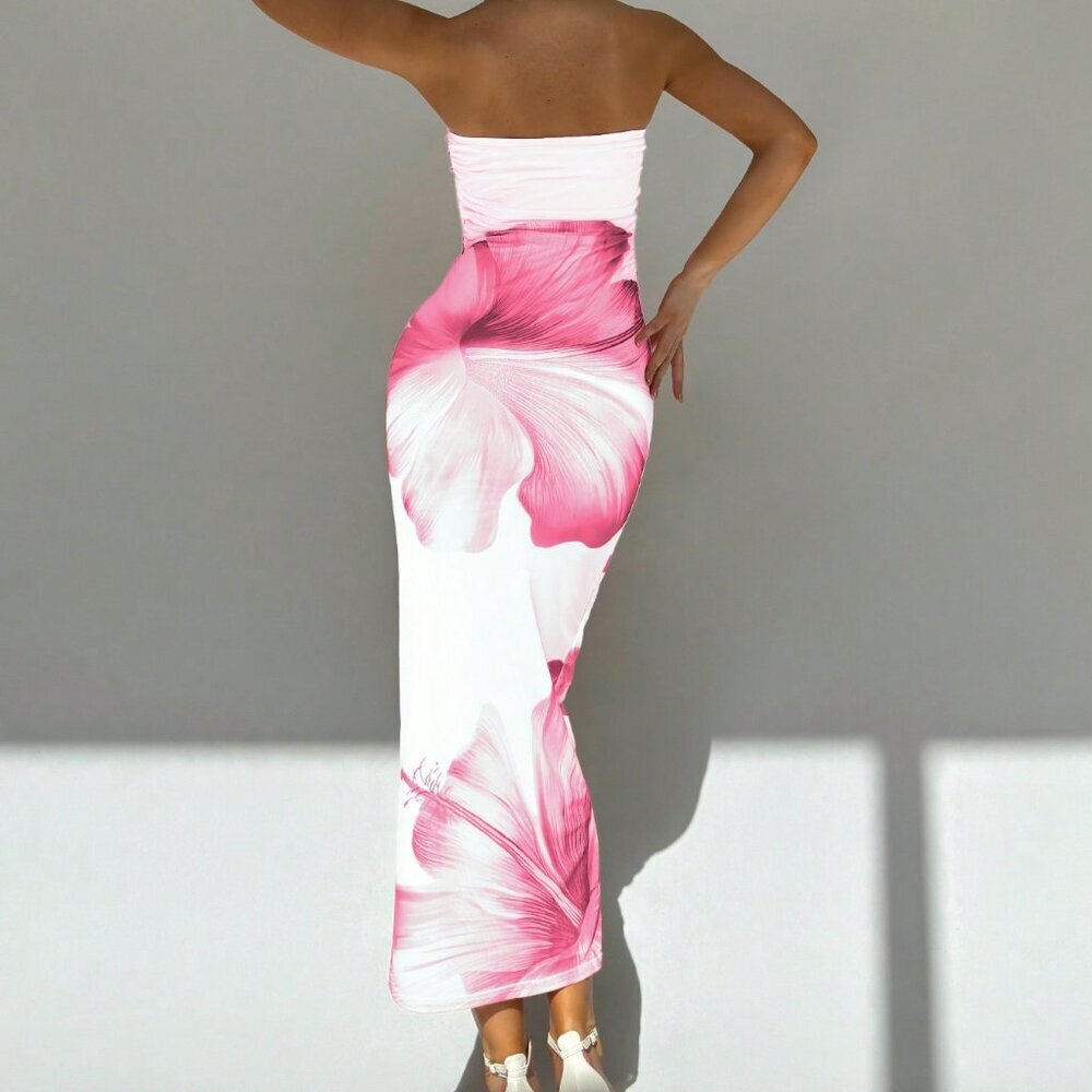 Pink Sexy Women's Strapless Floral Bodycon Long Dress - Picture 3 of 5